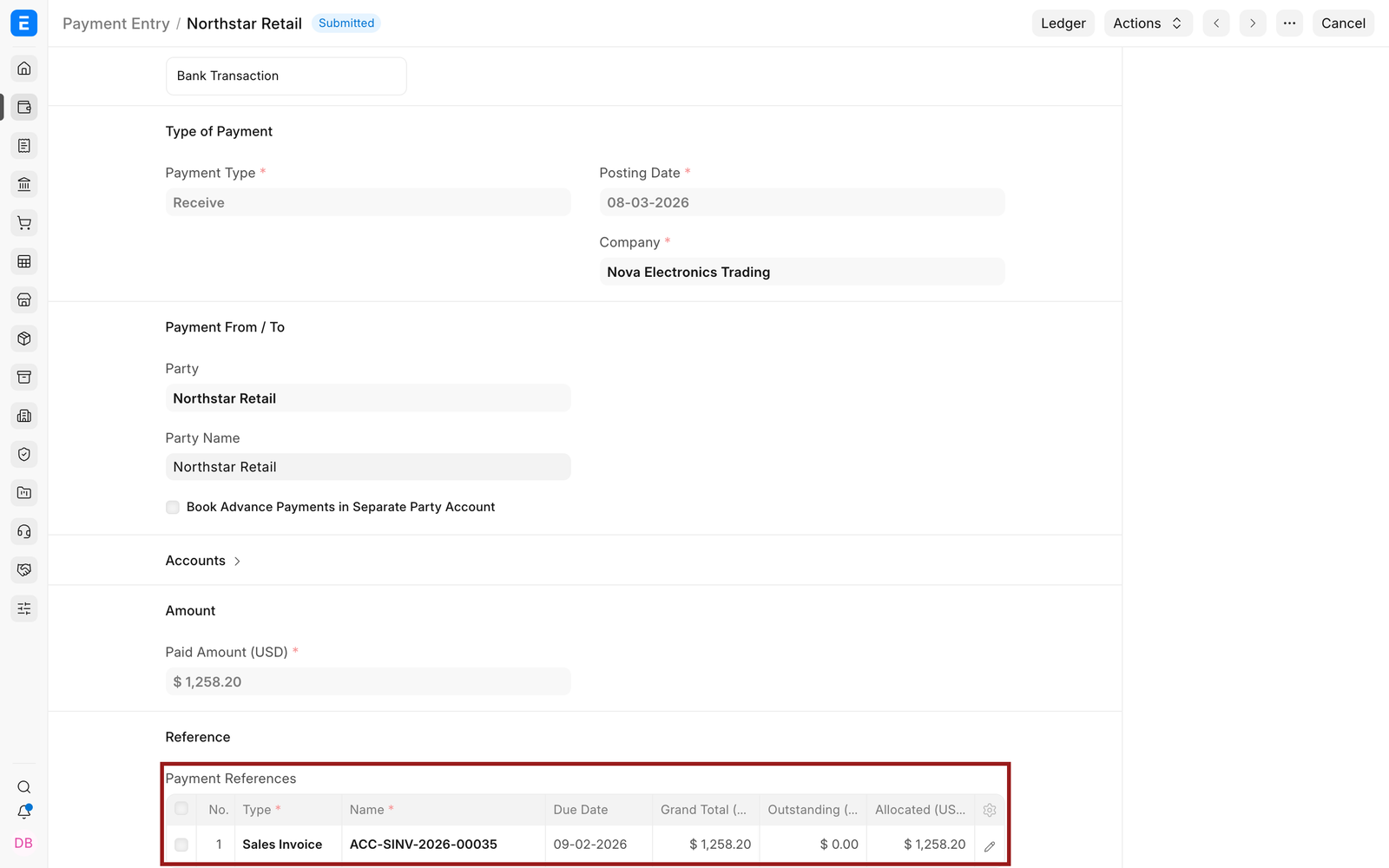 Customer Payment Entry allocating the net Sales Invoice amount