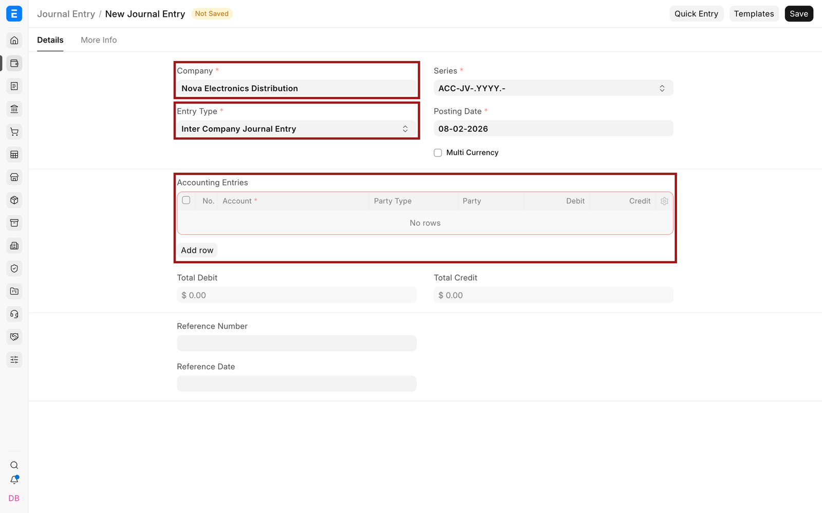 The second company's linked draft with an empty Accounting Entries table
