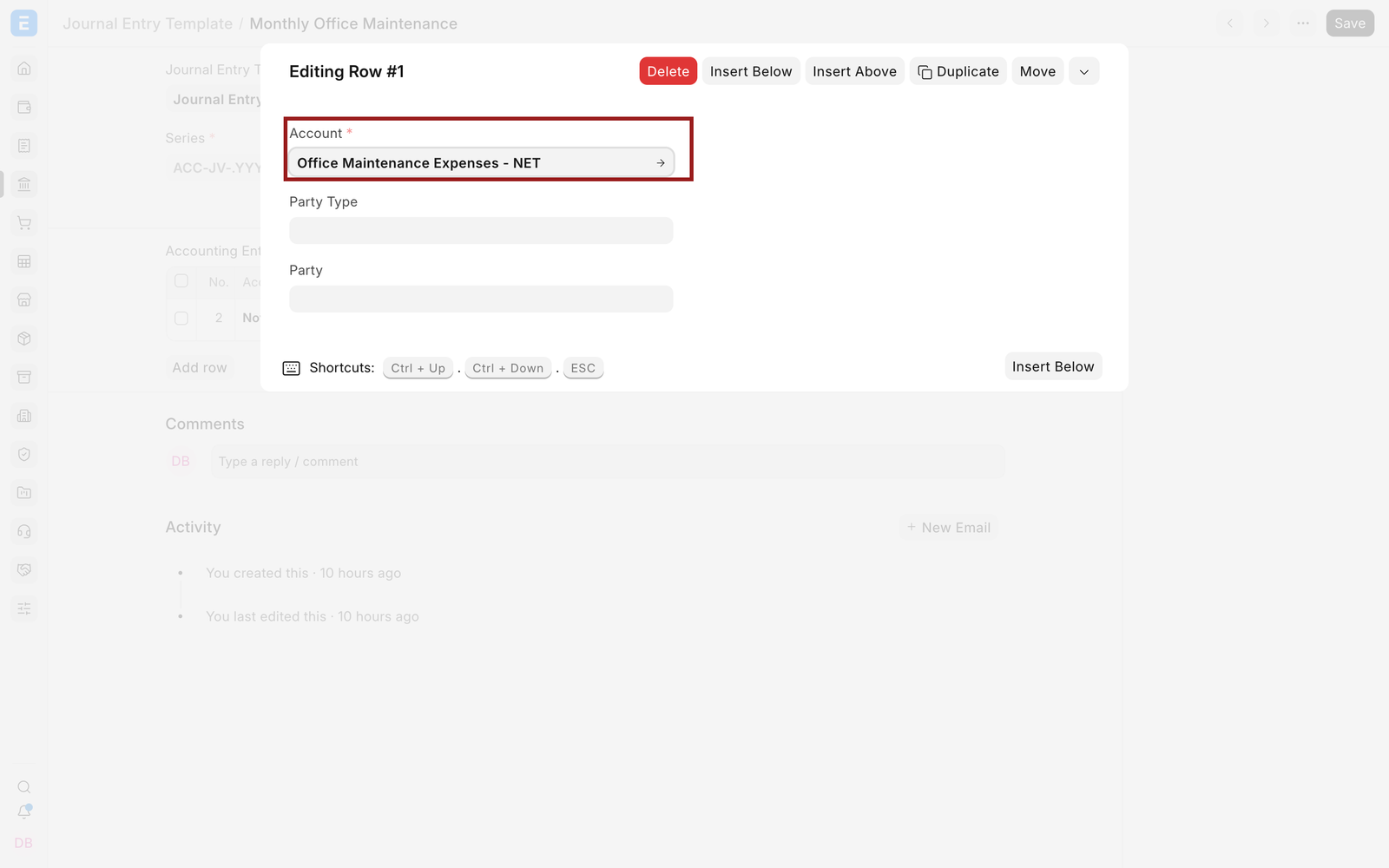 A Journal Entry Template account row editor with the Account field highlighted