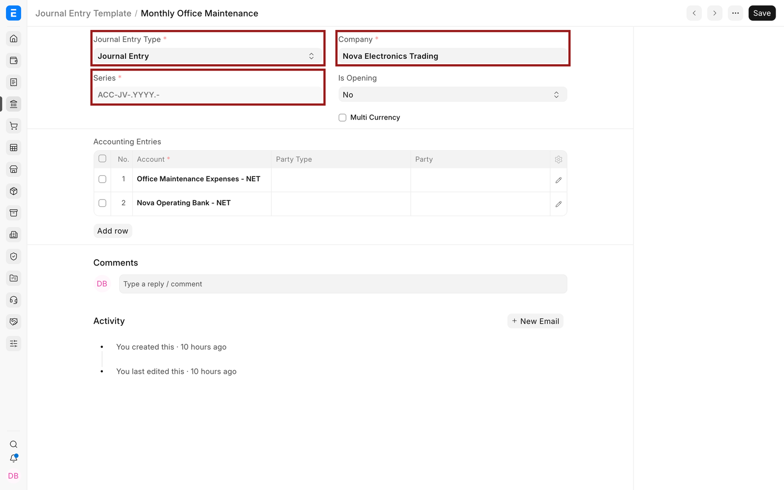 Journal Entry Template fields for entry type, company, and naming series