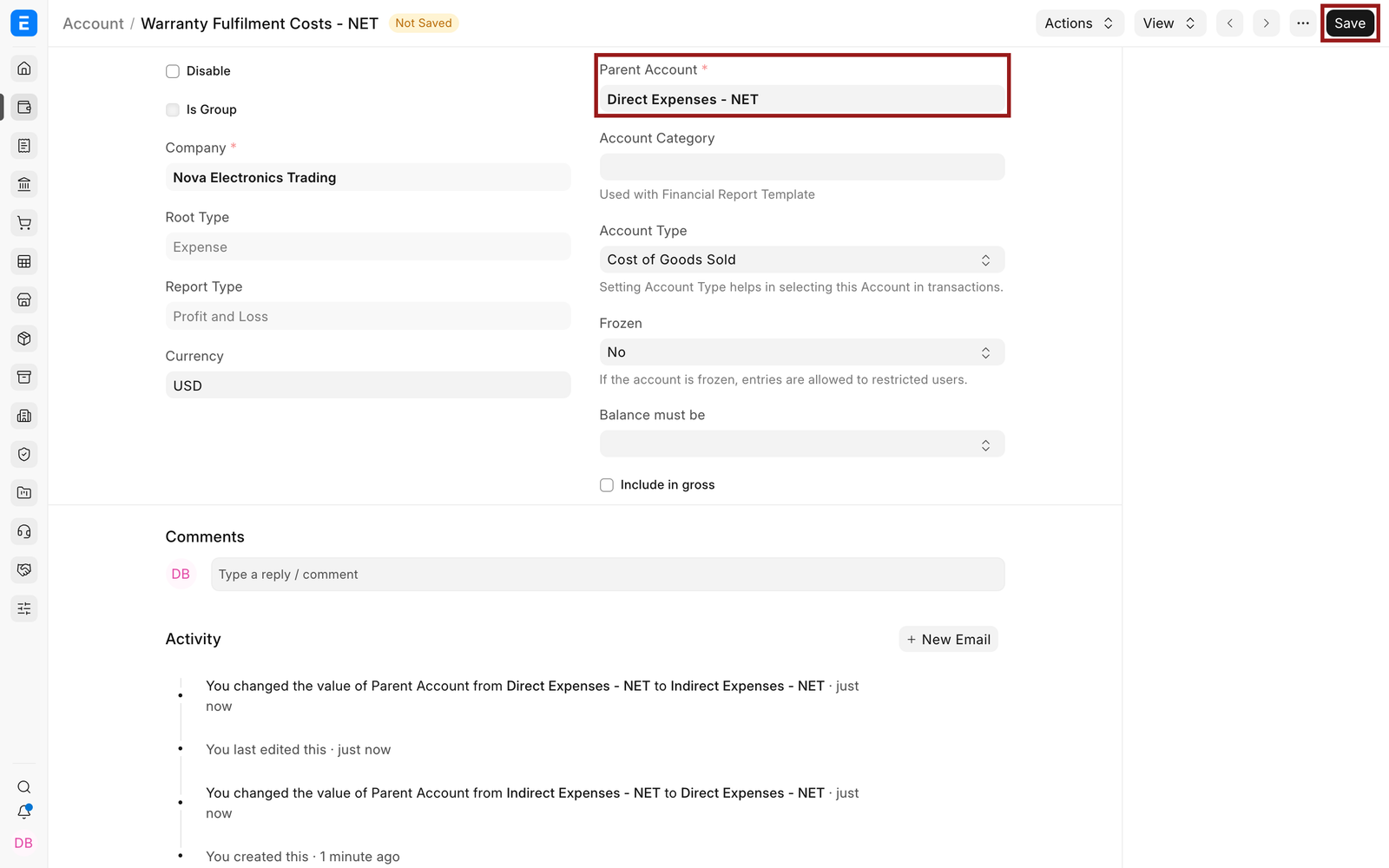 New Parent Account selected before saving
