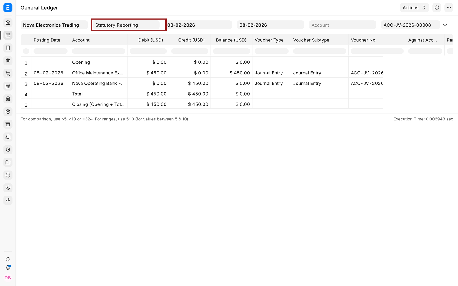 General Ledger filtered by Statutory Reporting Finance Book