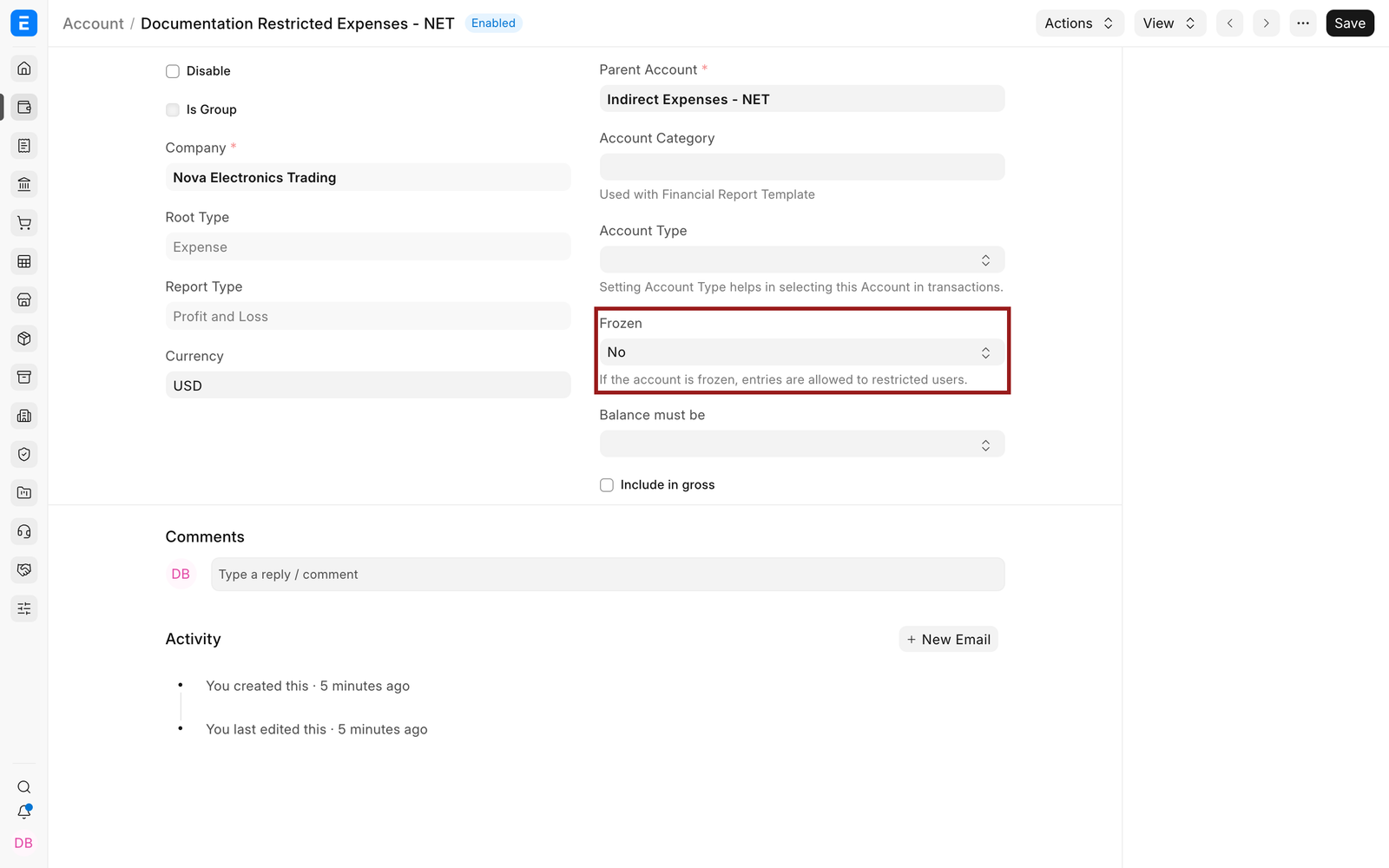 Ledger Account with Frozen set to No before the change