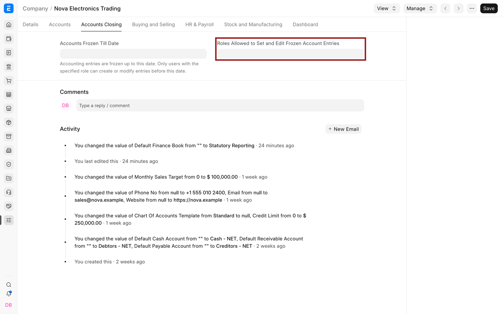 Company Accounts Closing tab with Roles Allowed to Set and Edit Frozen Account Entries highlighted