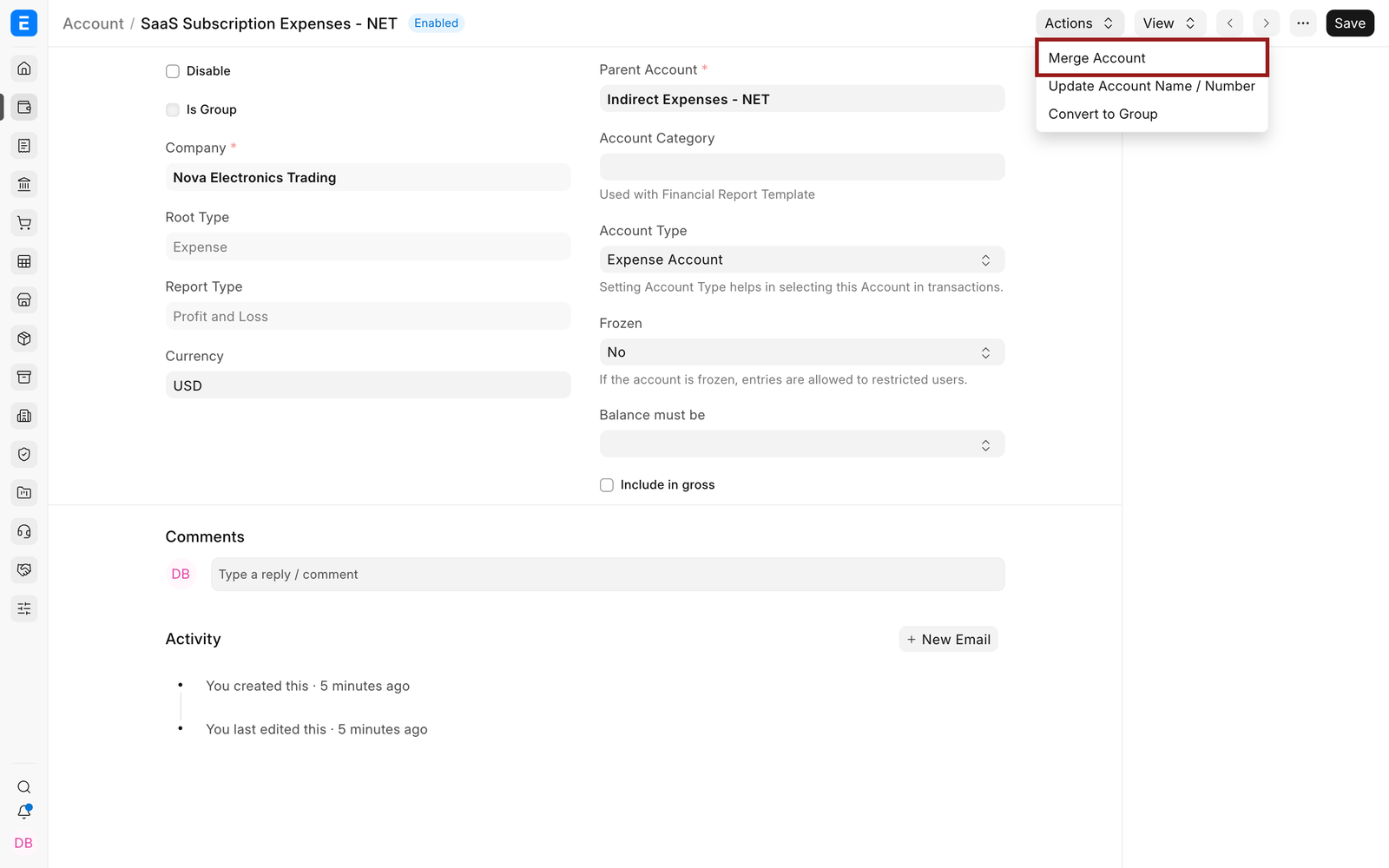 Merge Account action on an Account record