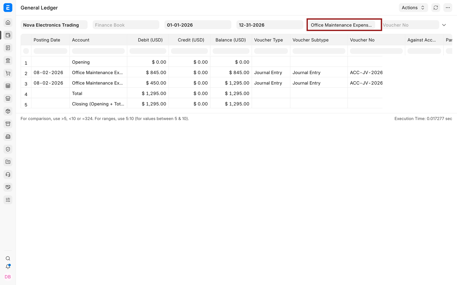 General Ledger filtered to Office Maintenance Expenses after checking the tree