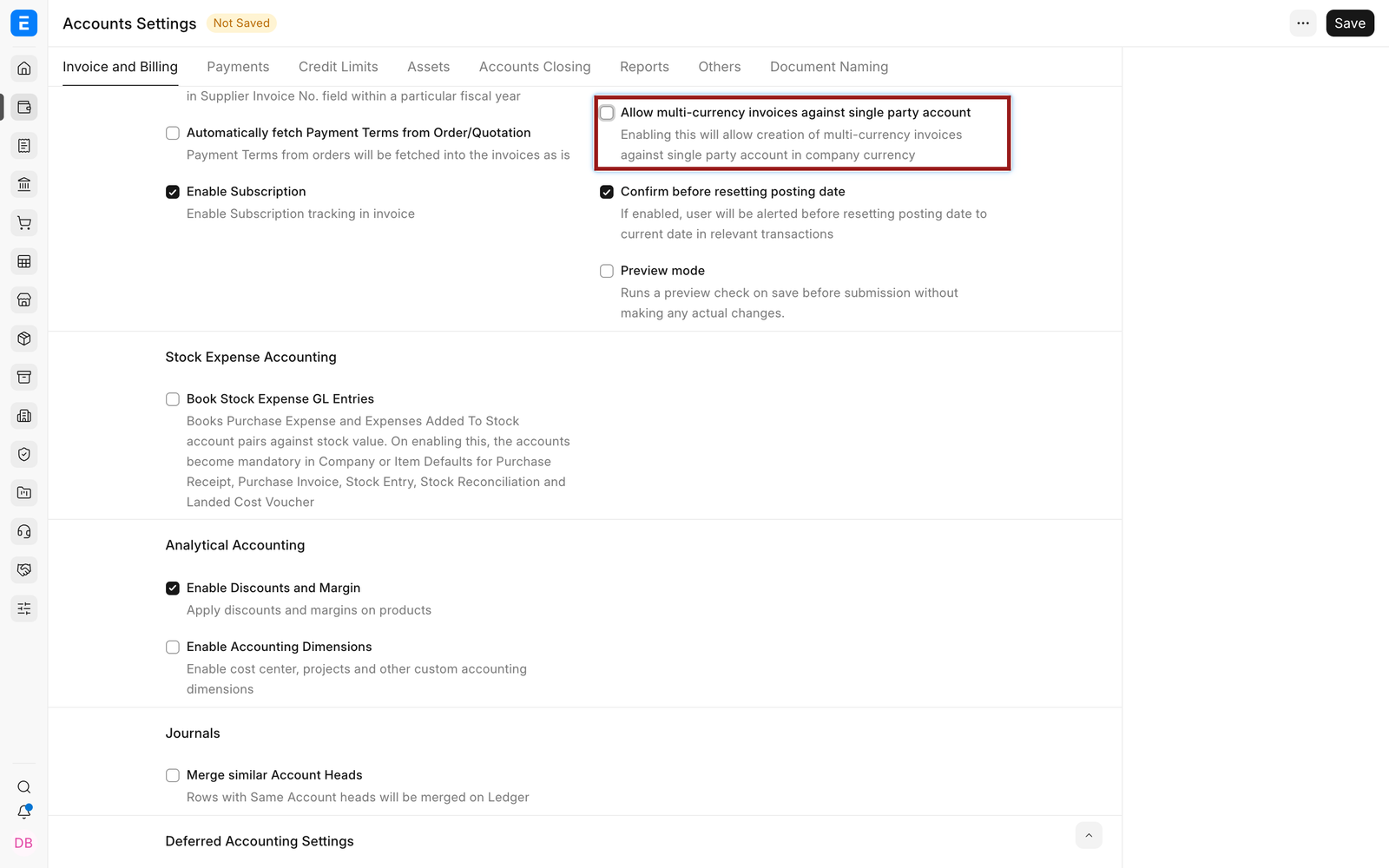 Allow invoices in multiple currencies against one party account