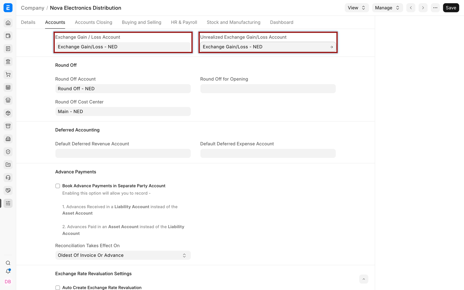 Company exchange gain and loss accounts