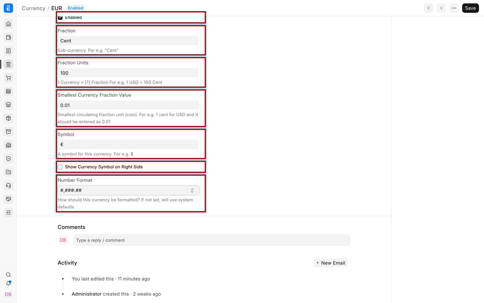 EUR currency settings in EnigmaERP