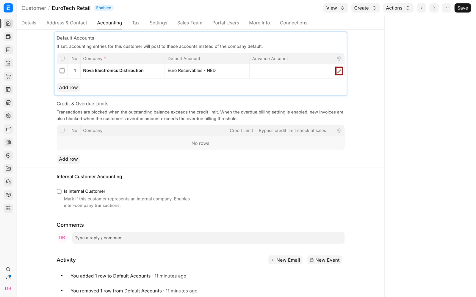 Open the Customer default-account row