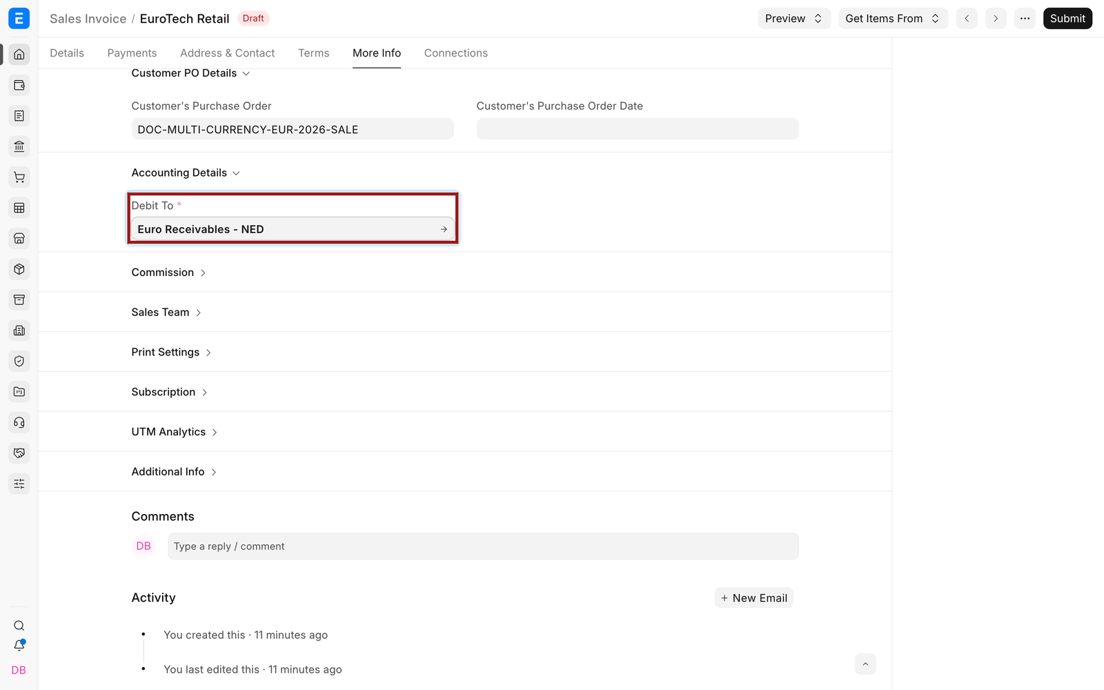 EUR receivable selected on the Sales Invoice