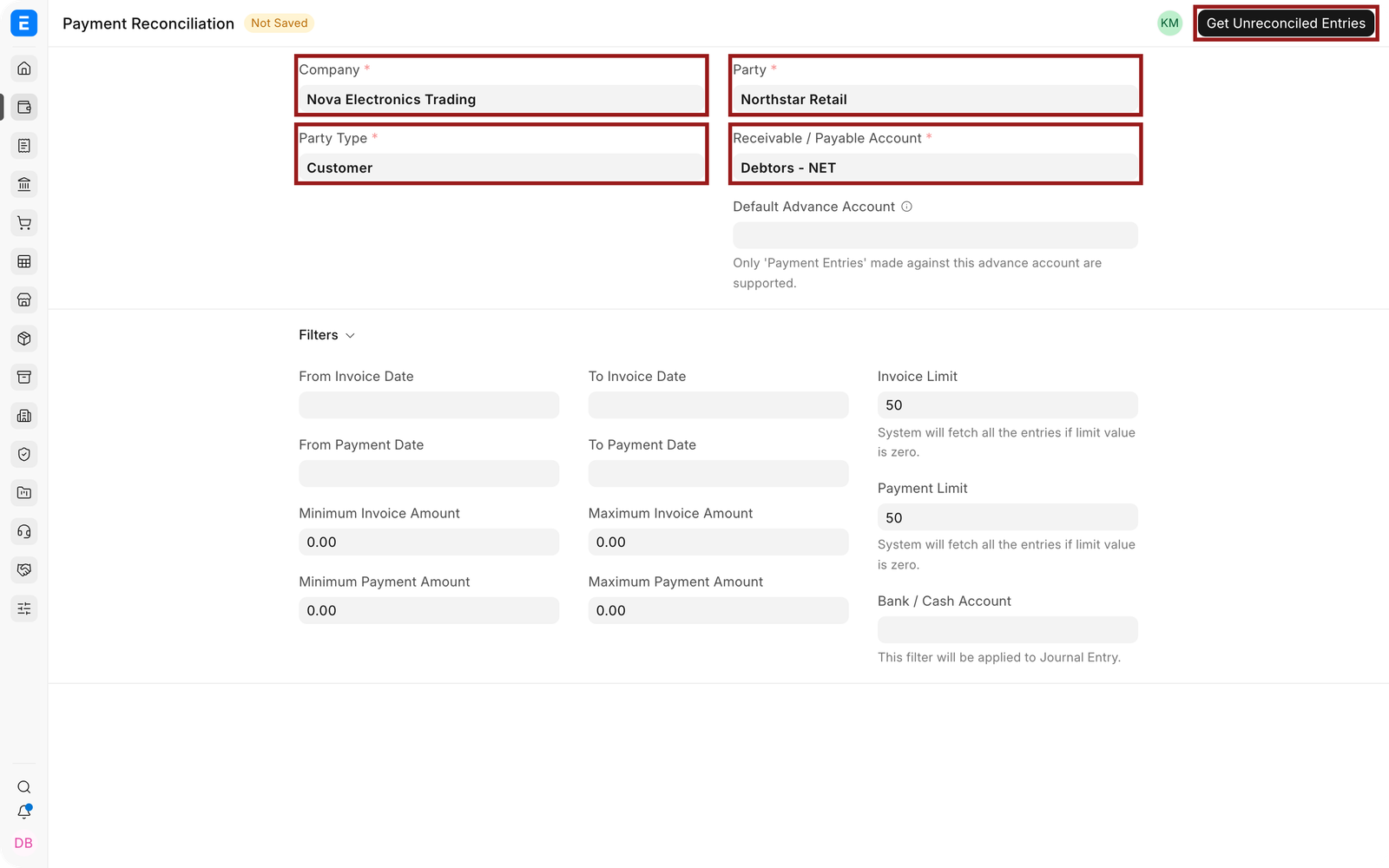 Select the company, customer, and receivable account in Payment Reconciliation