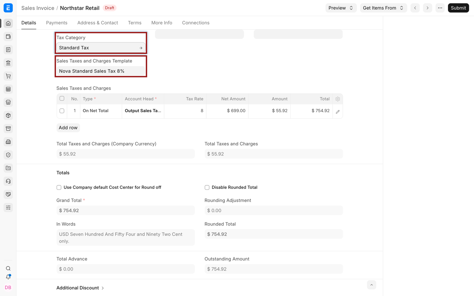 Tax Category and selected sales tax template on a Sales Invoice