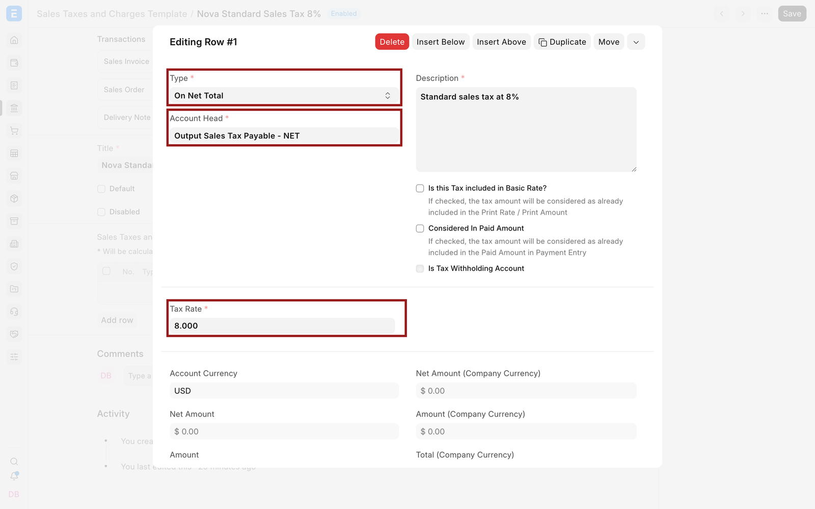 Calculation type, account, and rate