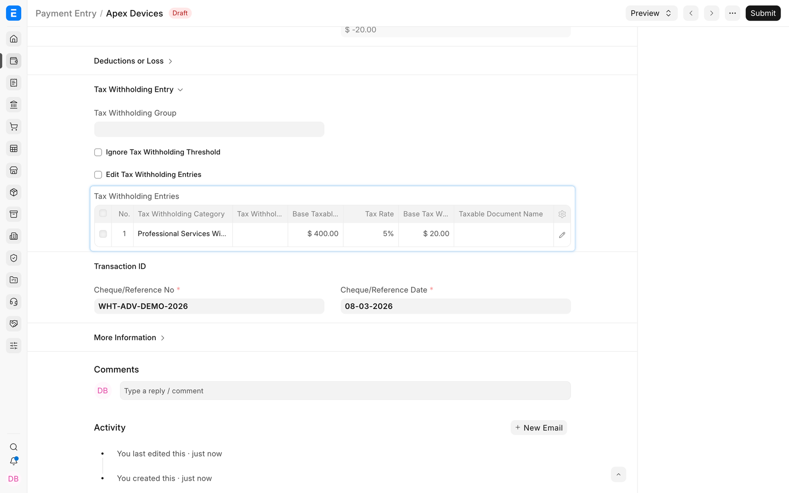 Withholding entry calculated for the supplier advance