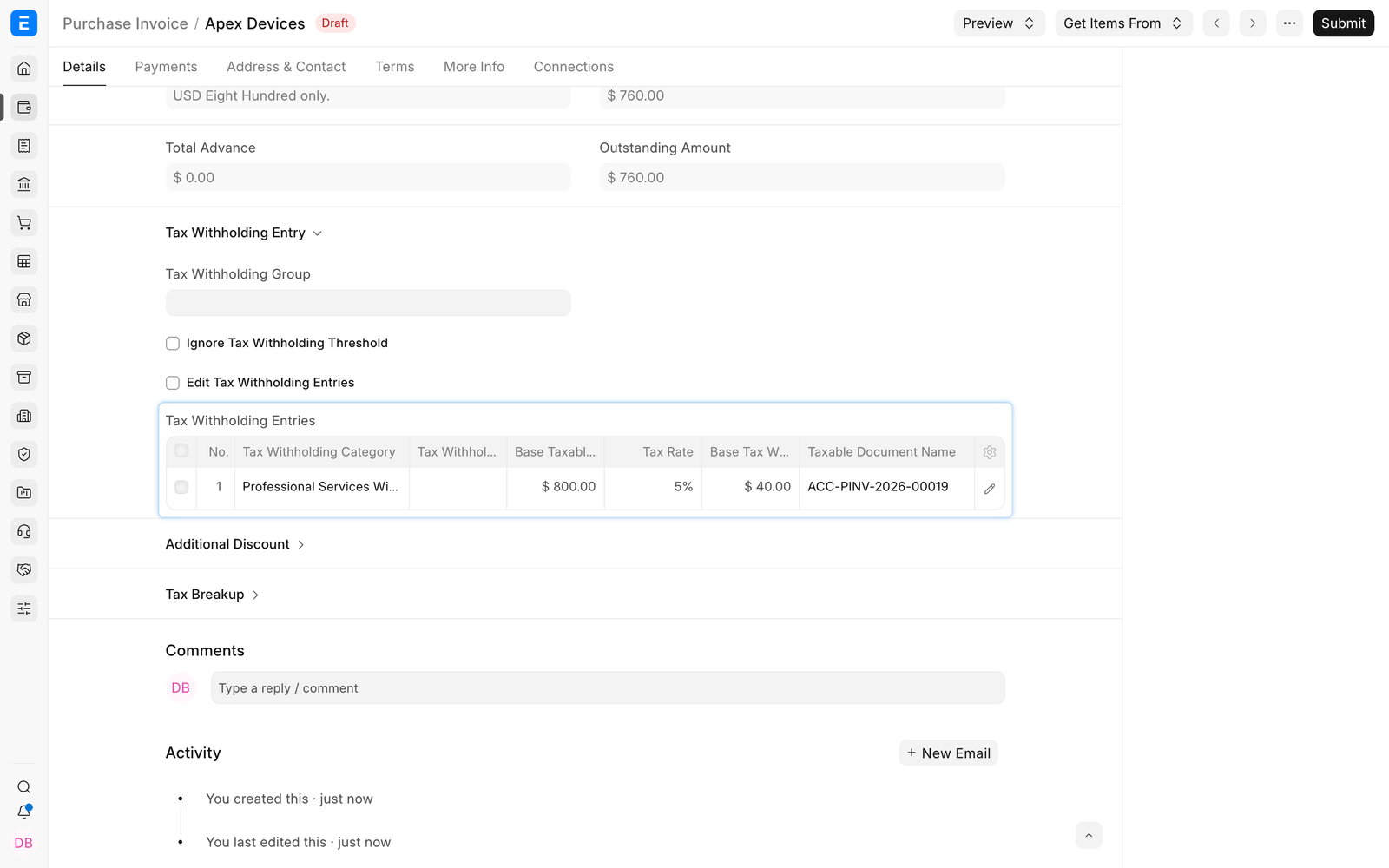 Detailed withholding entry on the Purchase Invoice