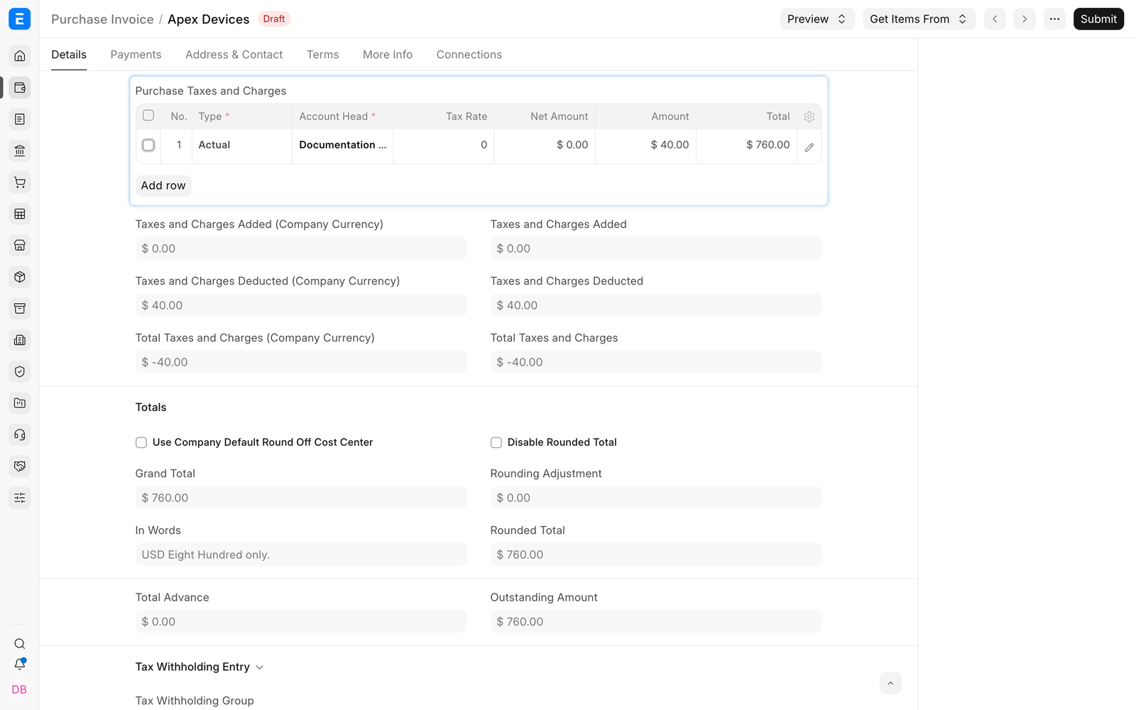 Withholding deducted from the Purchase Invoice total