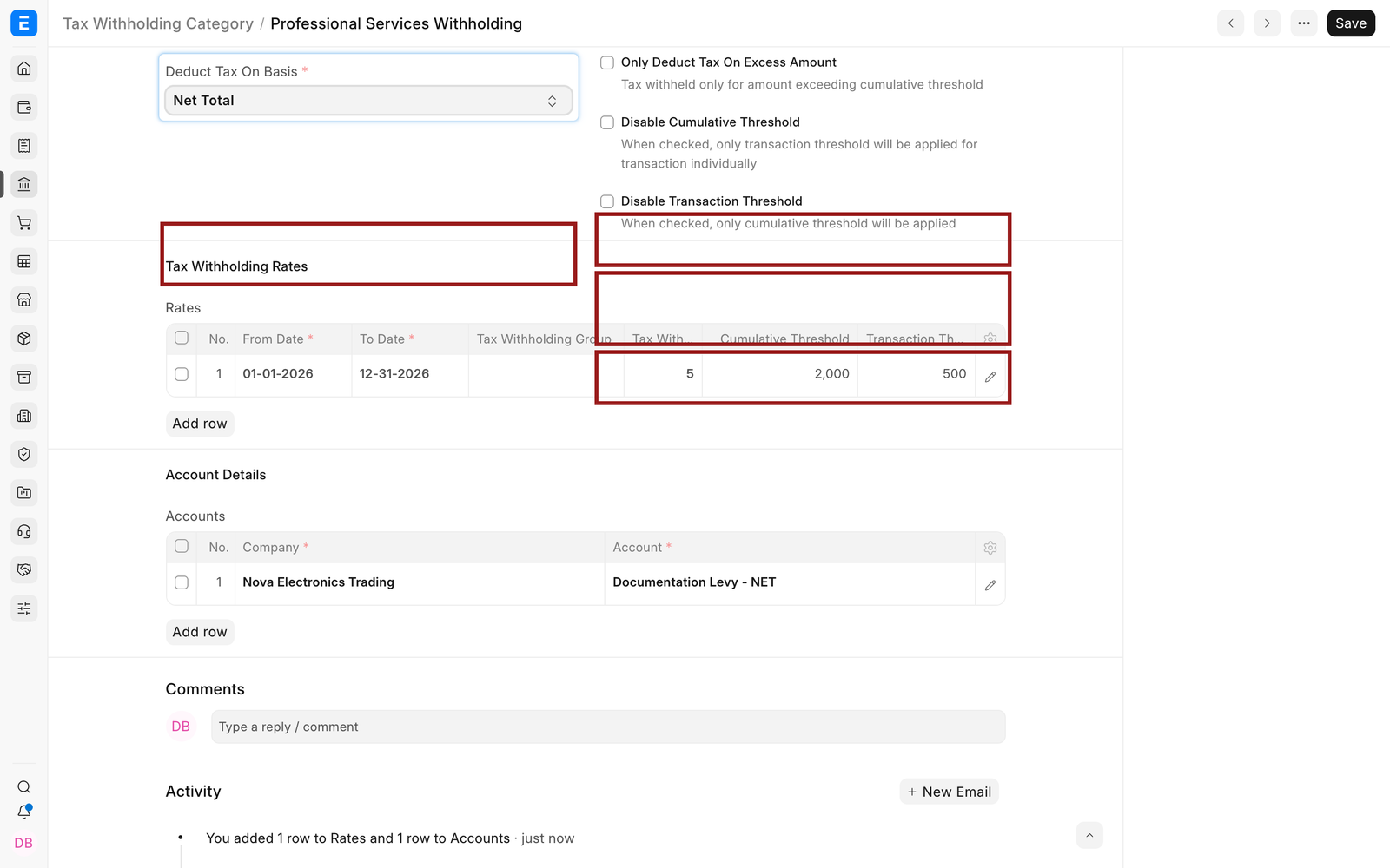 Withholding basis and threshold controls