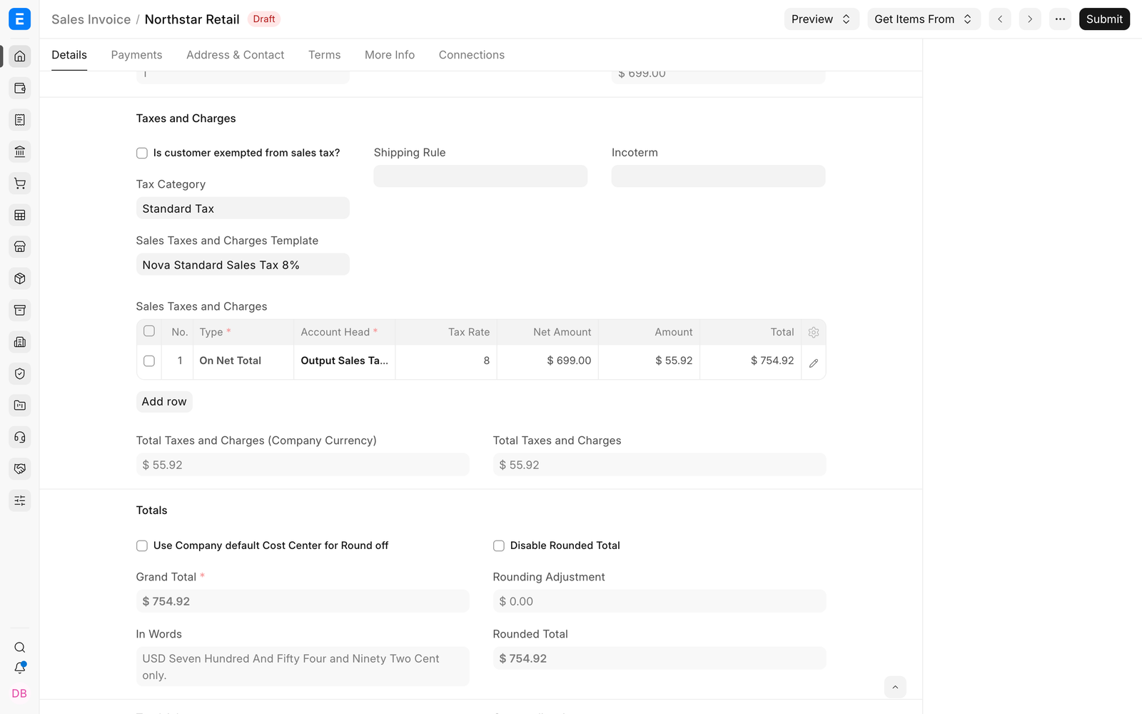 Tax category, template, row calculation, and invoice totals