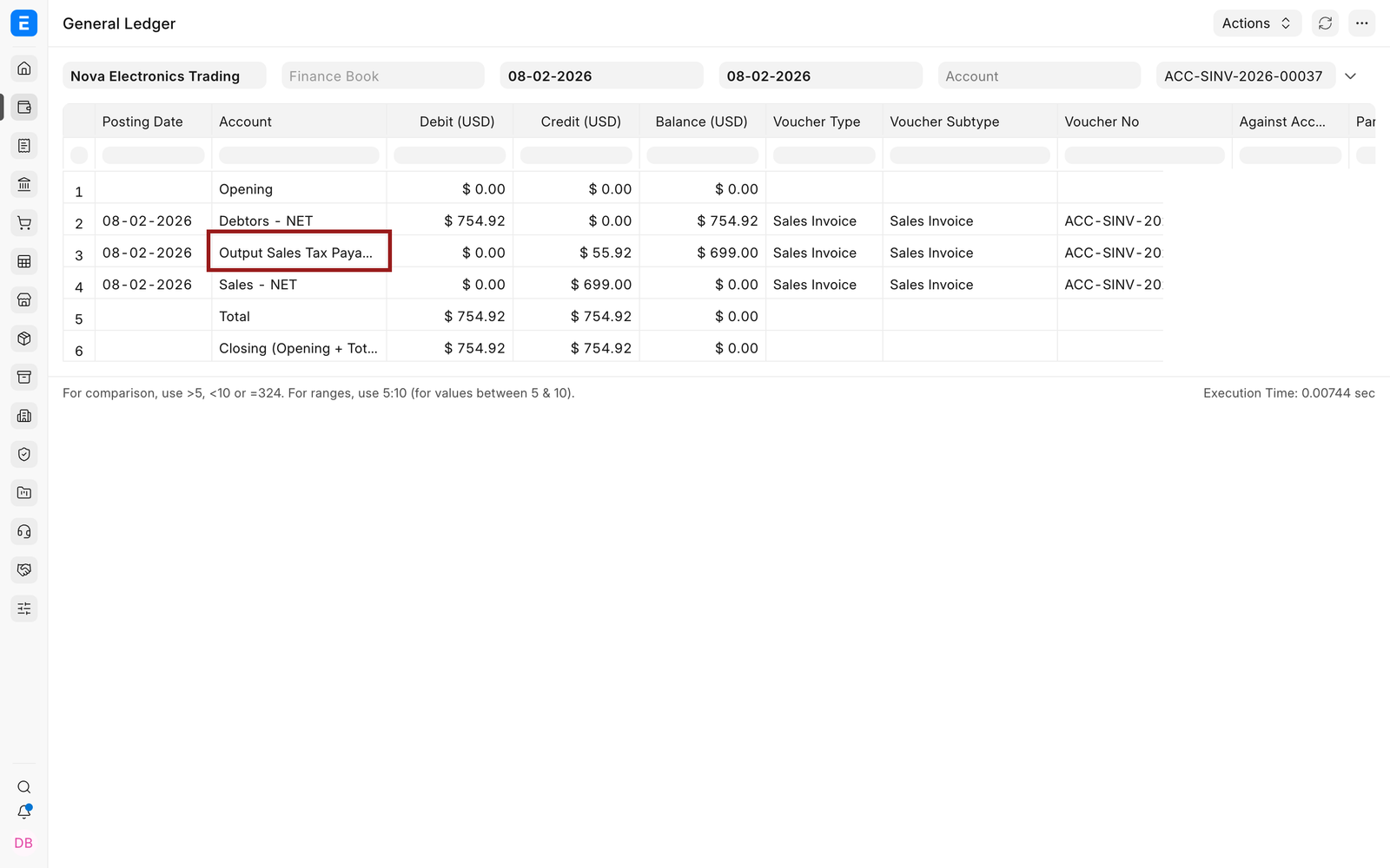General Ledger entries for the taxed Sales Invoice