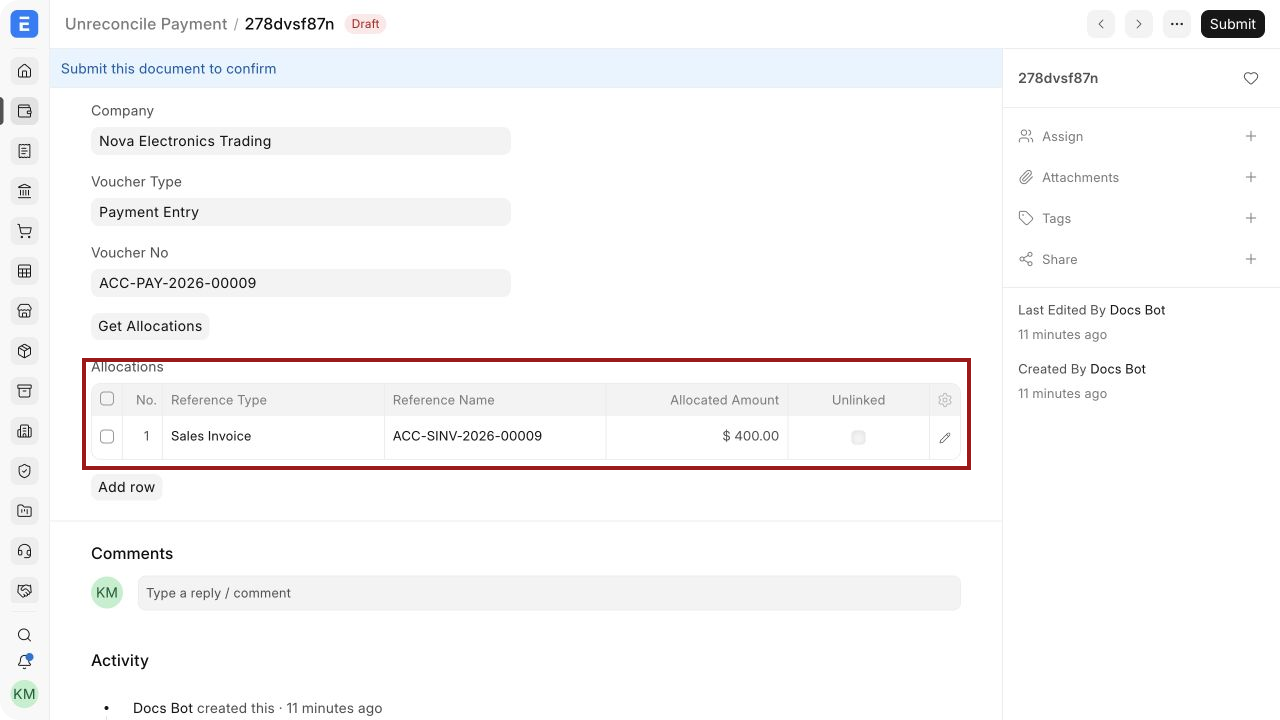 Unreconcile Payment showing the 400 USD allocation that will be removed