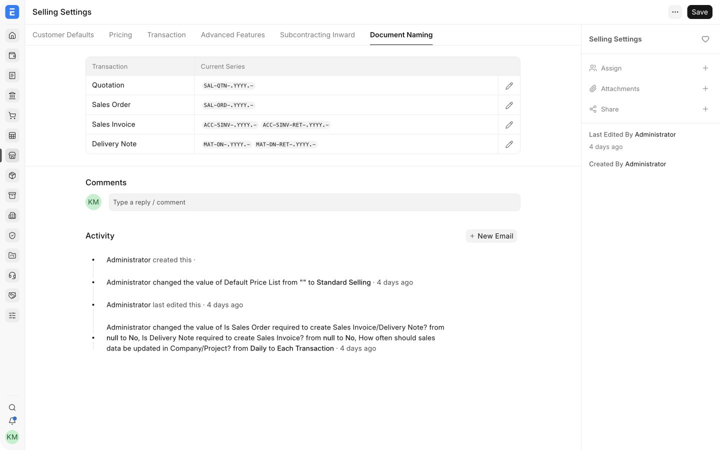 Document Naming tab in EnigmaERP Selling Settings