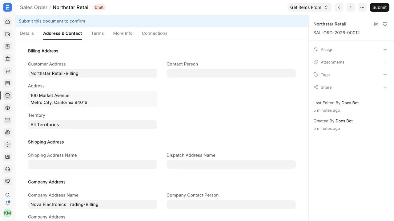 The Customer and company address information used for the drop-ship transaction.
