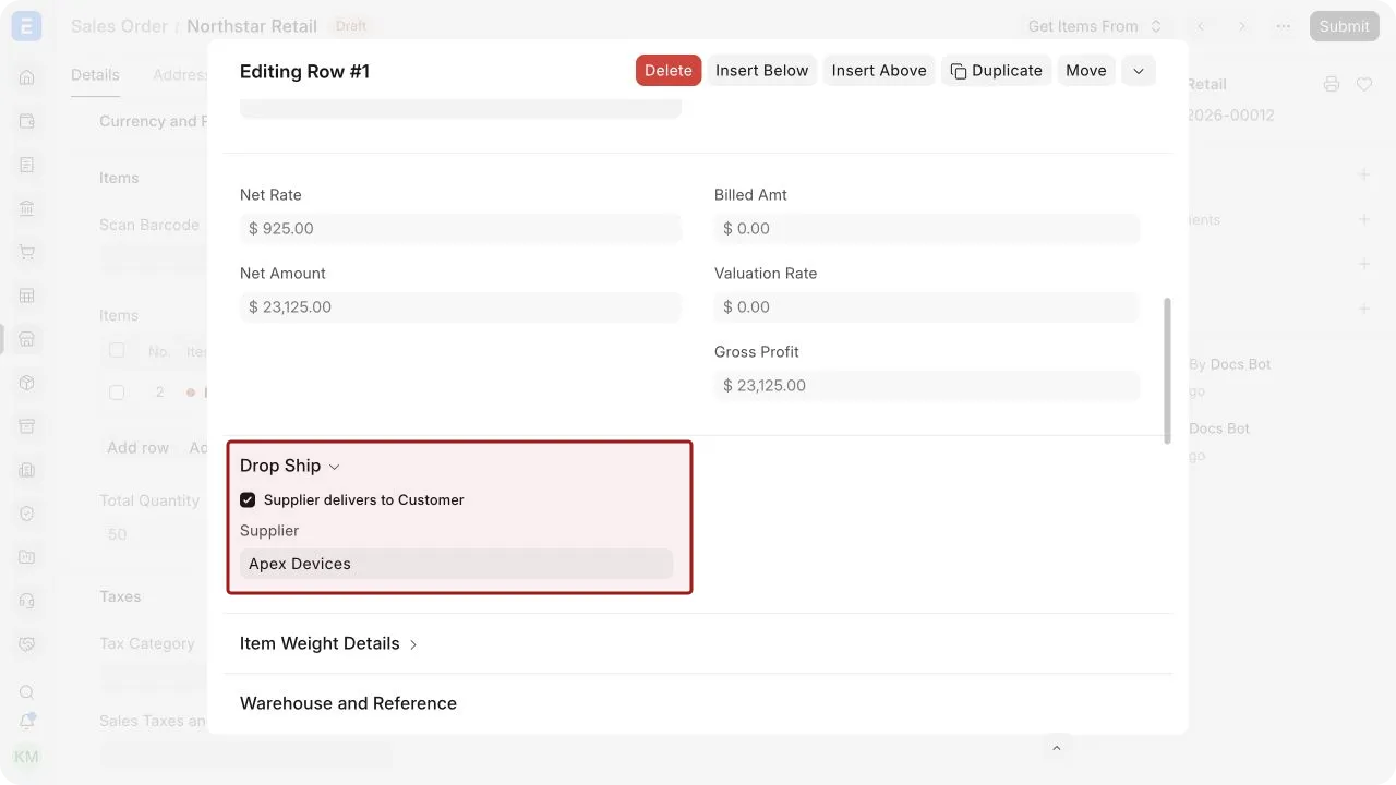 The item row with Supplier delivers to Customer enabled and Apex Devices selected as the Supplier.