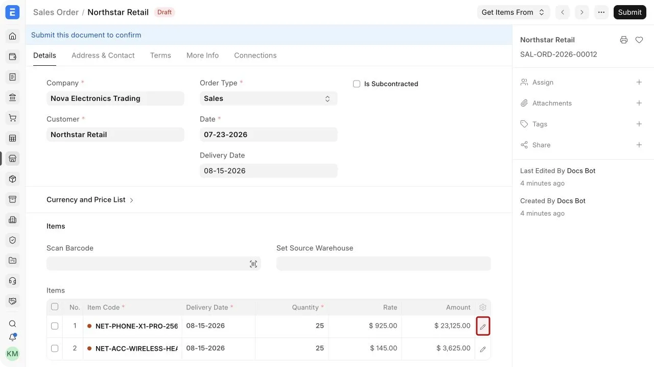 The highlighted pencil icon opens the complete Sales Order item row.