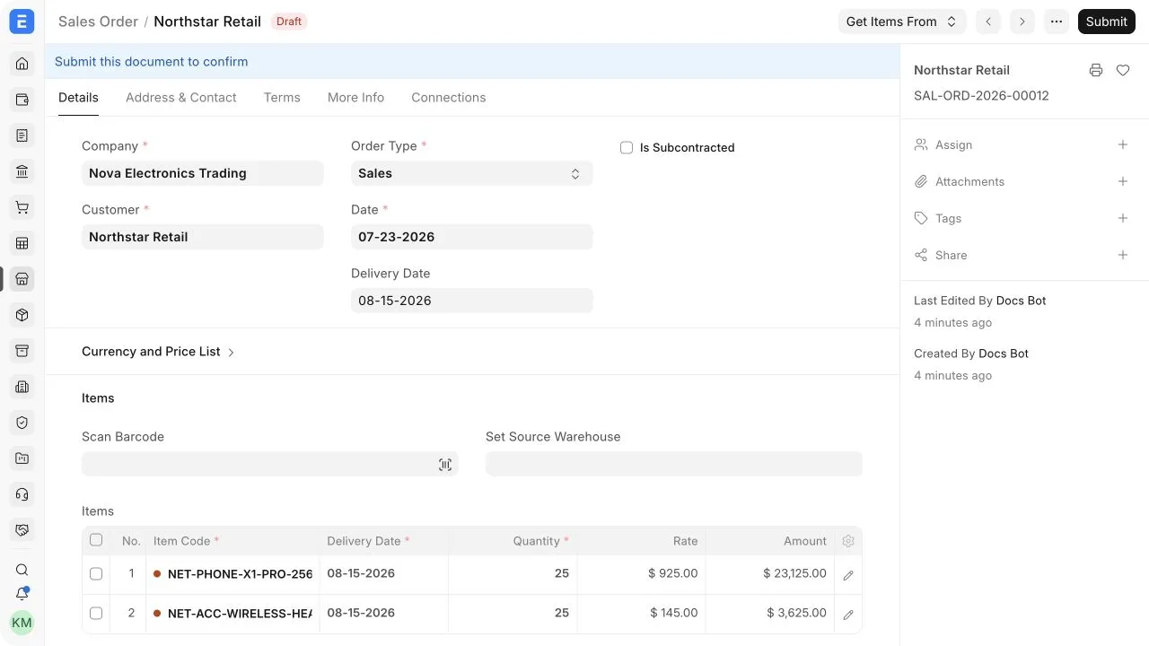 Drop-ship Sales Order with the customer, delivery date, supplier-delivered items, quantities, rates, and stock indicators.