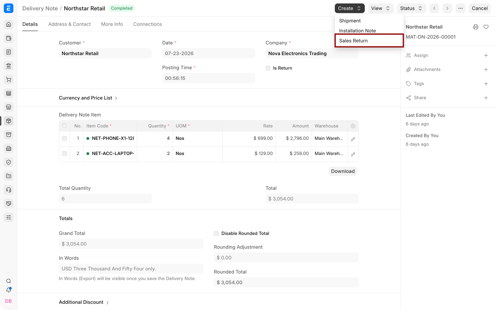 Create menu with Sales Return highlighted.