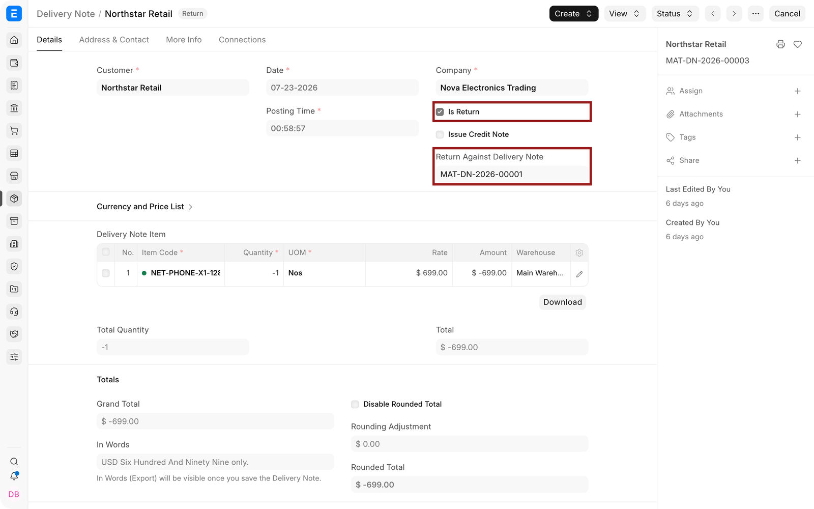 Submitted return Delivery Note linked to its original transaction.