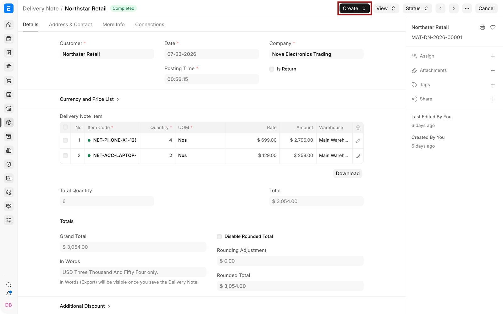 Submitted Delivery Note with the Create button highlighted.
