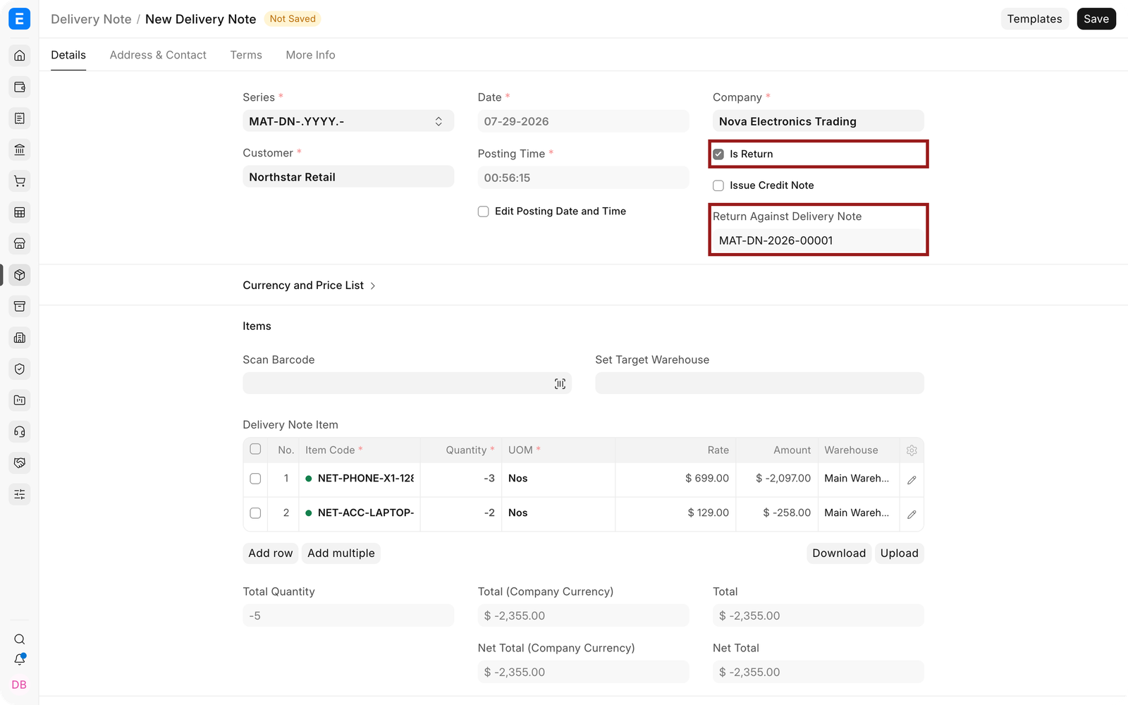 Return Delivery Note with Is Return and Return Against Delivery Note highlighted.