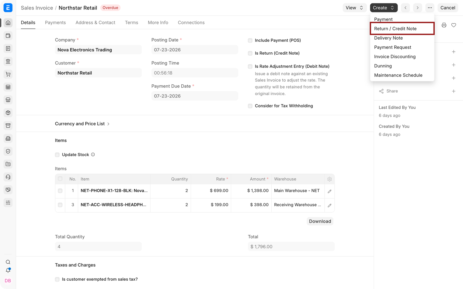 Create menu with Return or Credit Note highlighted.