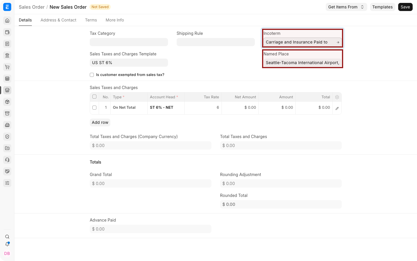 A Sales Order with Incoterm and Named Place highlighted.
