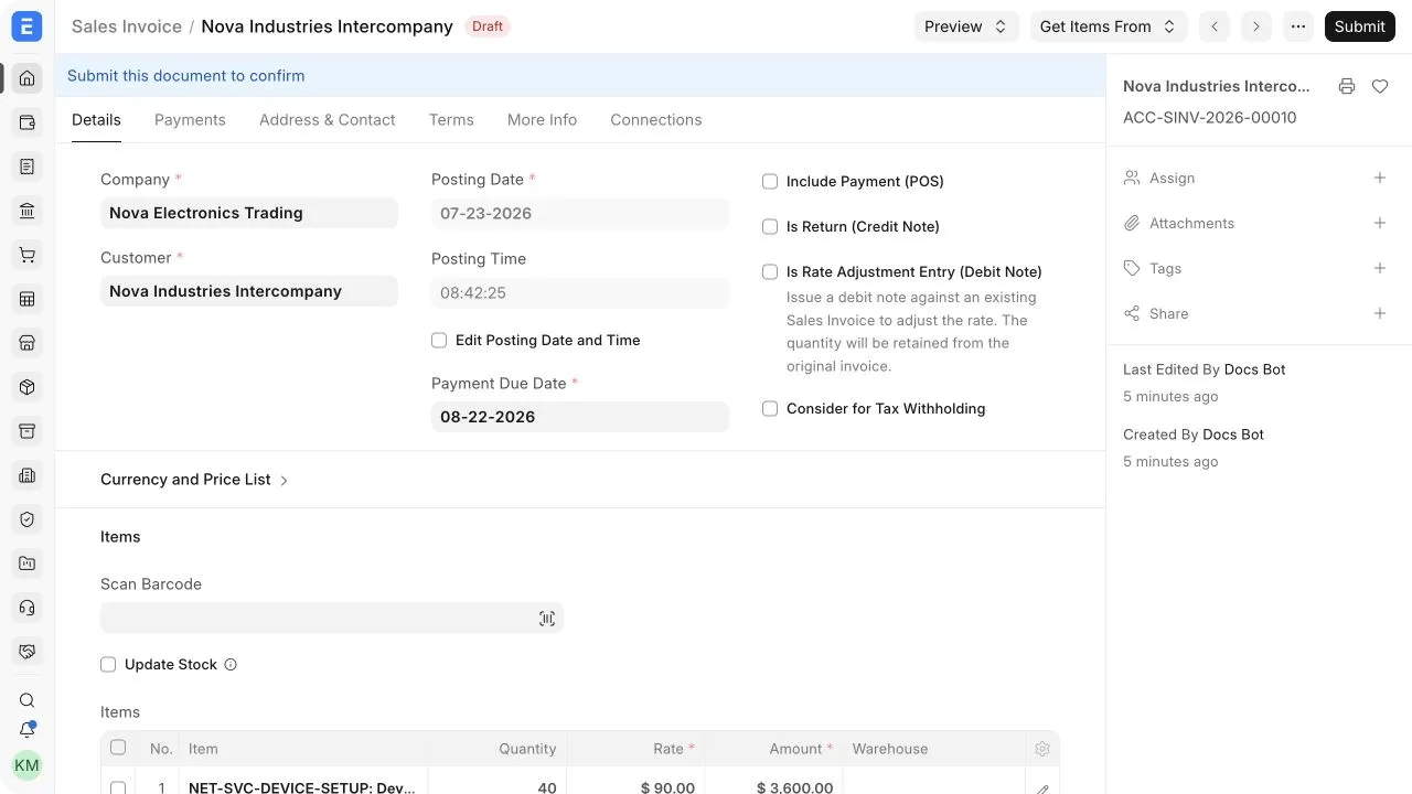 The Sales Invoice showing Nova Electronics Trading as Company and Nova Industries Intercompany as Customer.