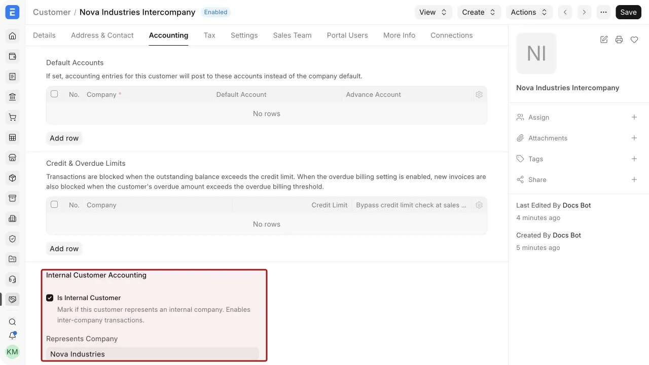 The internal Customer with Is Internal Customer enabled and Nova Industries selected as Represents Company.