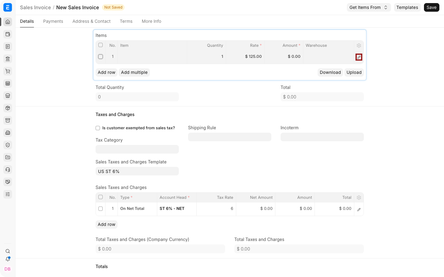 A Sales Invoice Items row with the pencil icon highlighted.