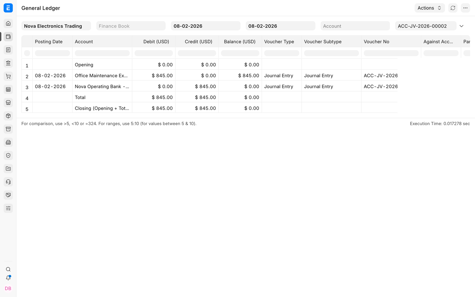 General Ledger filtered to the submitted Journal Entry