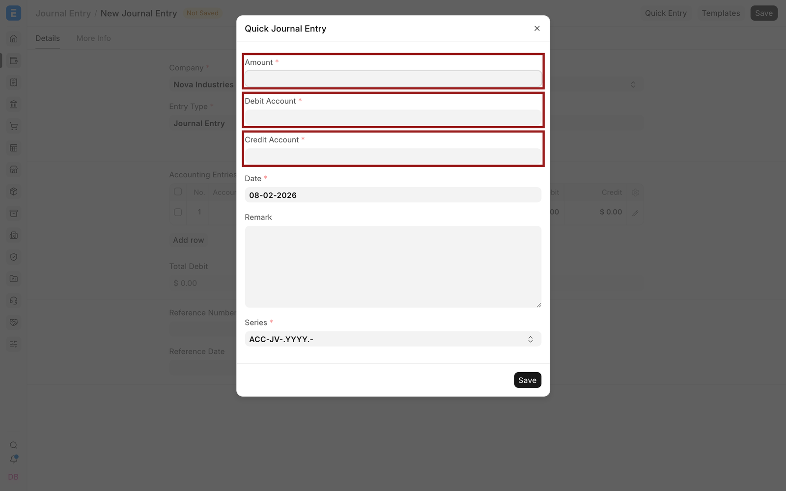 Quick Journal Entry dialog with amount, debit account, and credit account highlighted