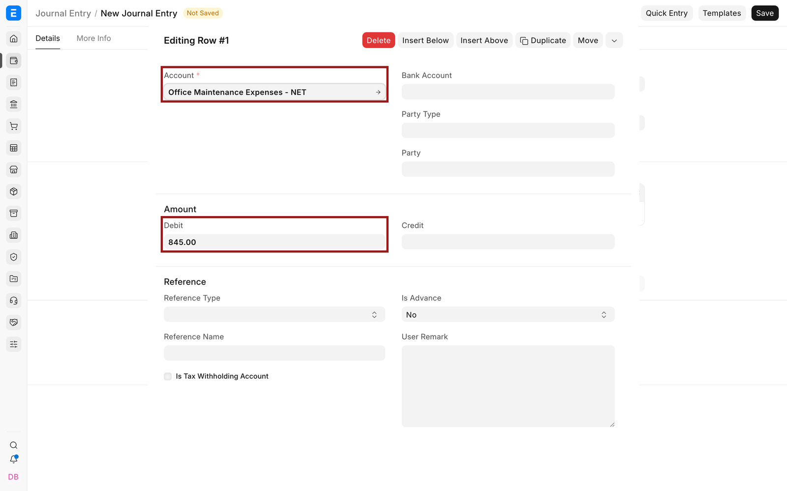 Account and debit fields in the Journal Entry row editor
