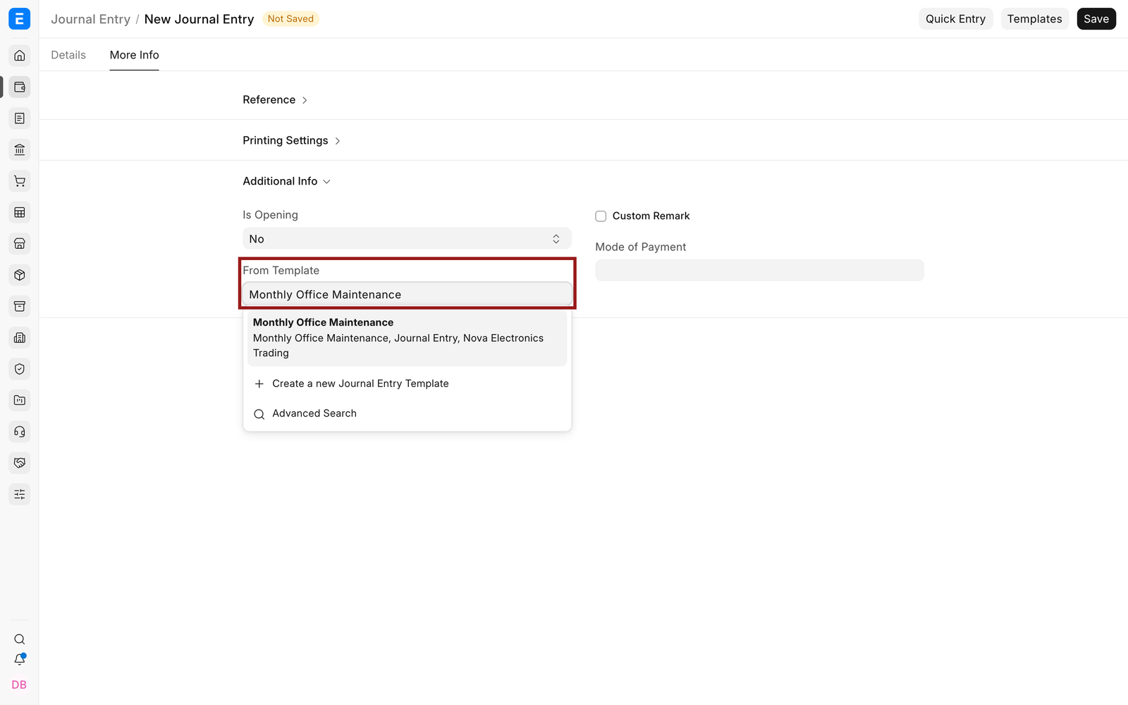 Monthly Office Maintenance entered in the From Template field