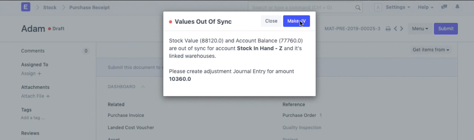 Value out of sync validation message in EnigmaERP