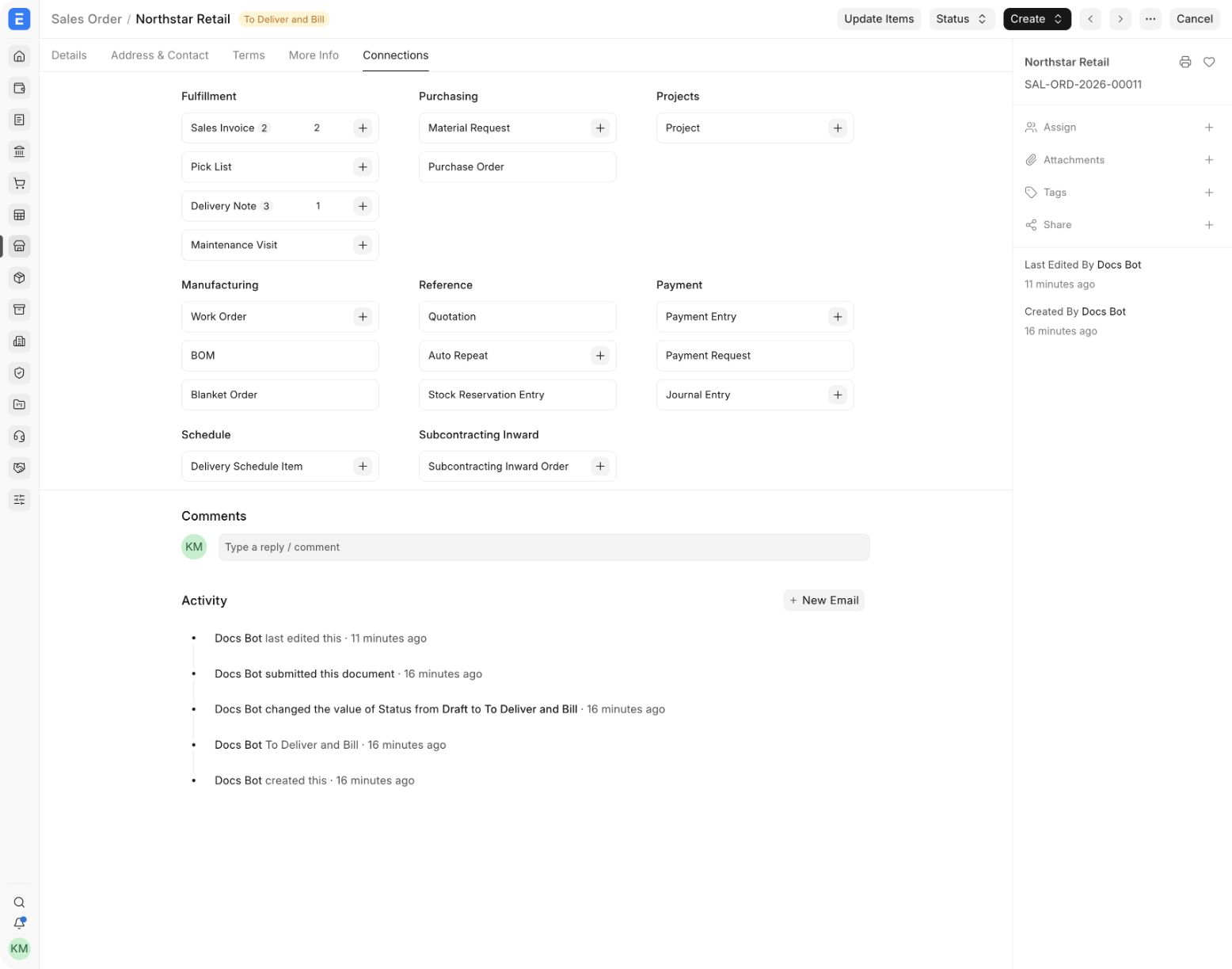 The Connections tab showing multiple Sales Invoices and Delivery Notes linked to one Sales Order.