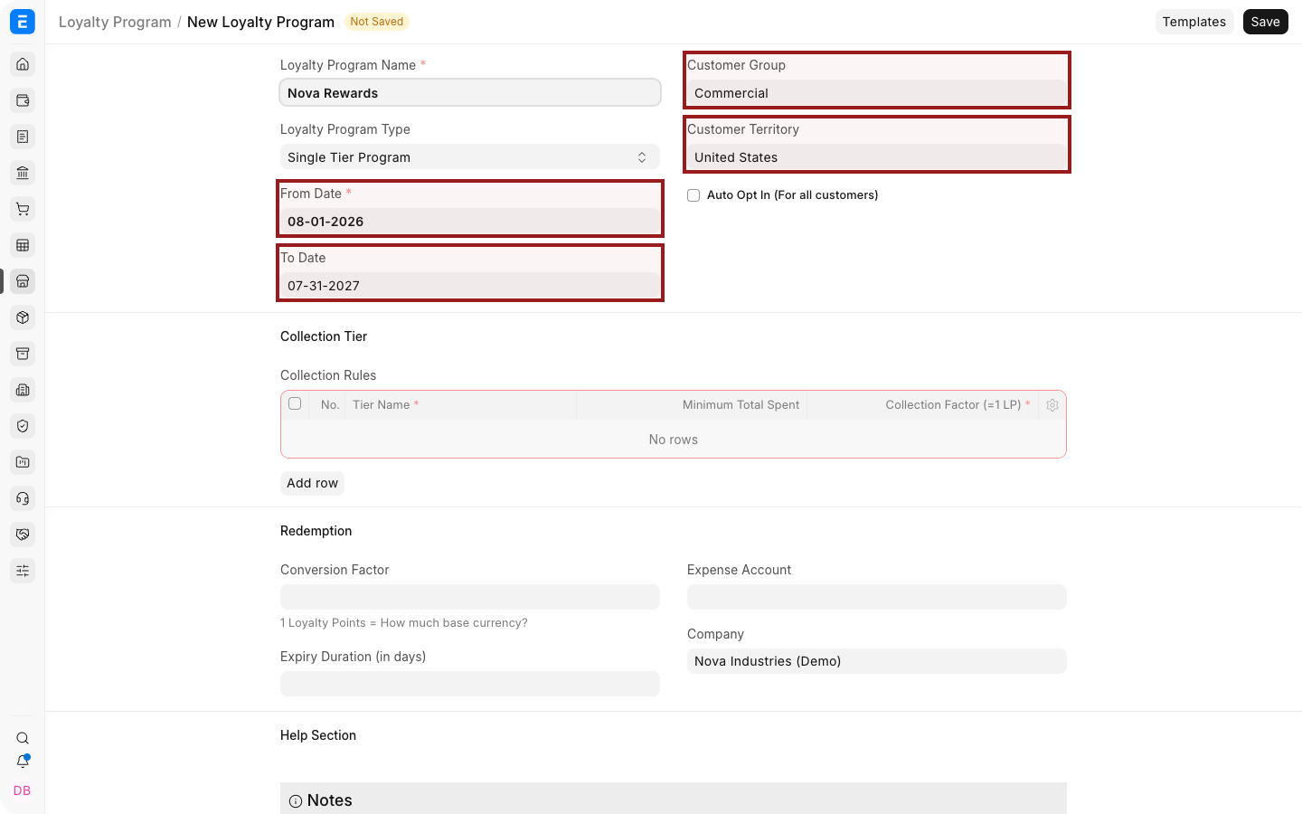 An EnigmaERP Loyalty Program with dates, eligibility, and enrollment settings.