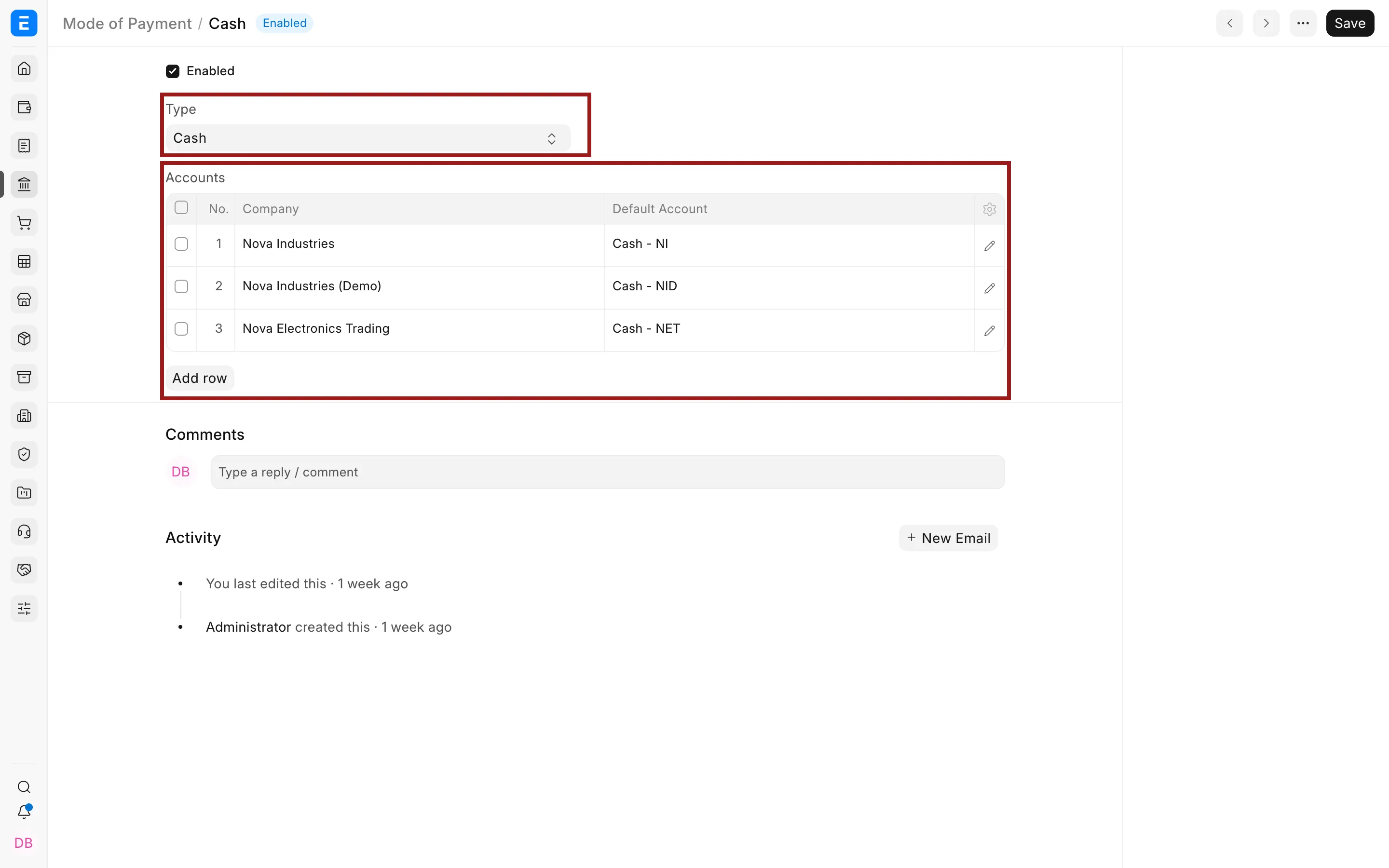 Mode of Payment default account