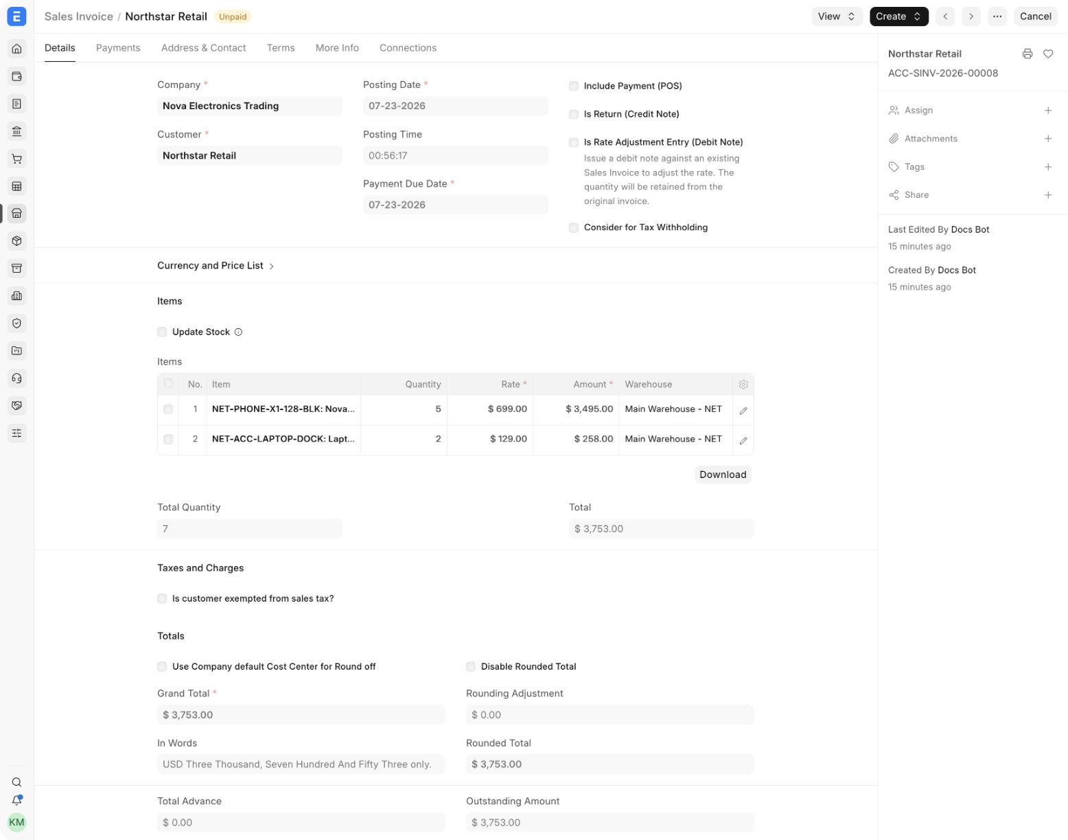 A Sales Invoice billing selected lines and quantities from the Sales Order.