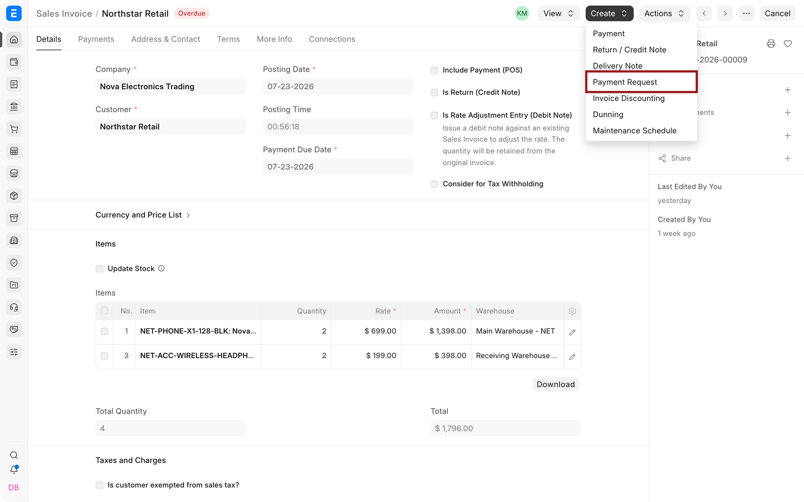 The Create menu on a submitted Sales Invoice with Payment Request highlighted.