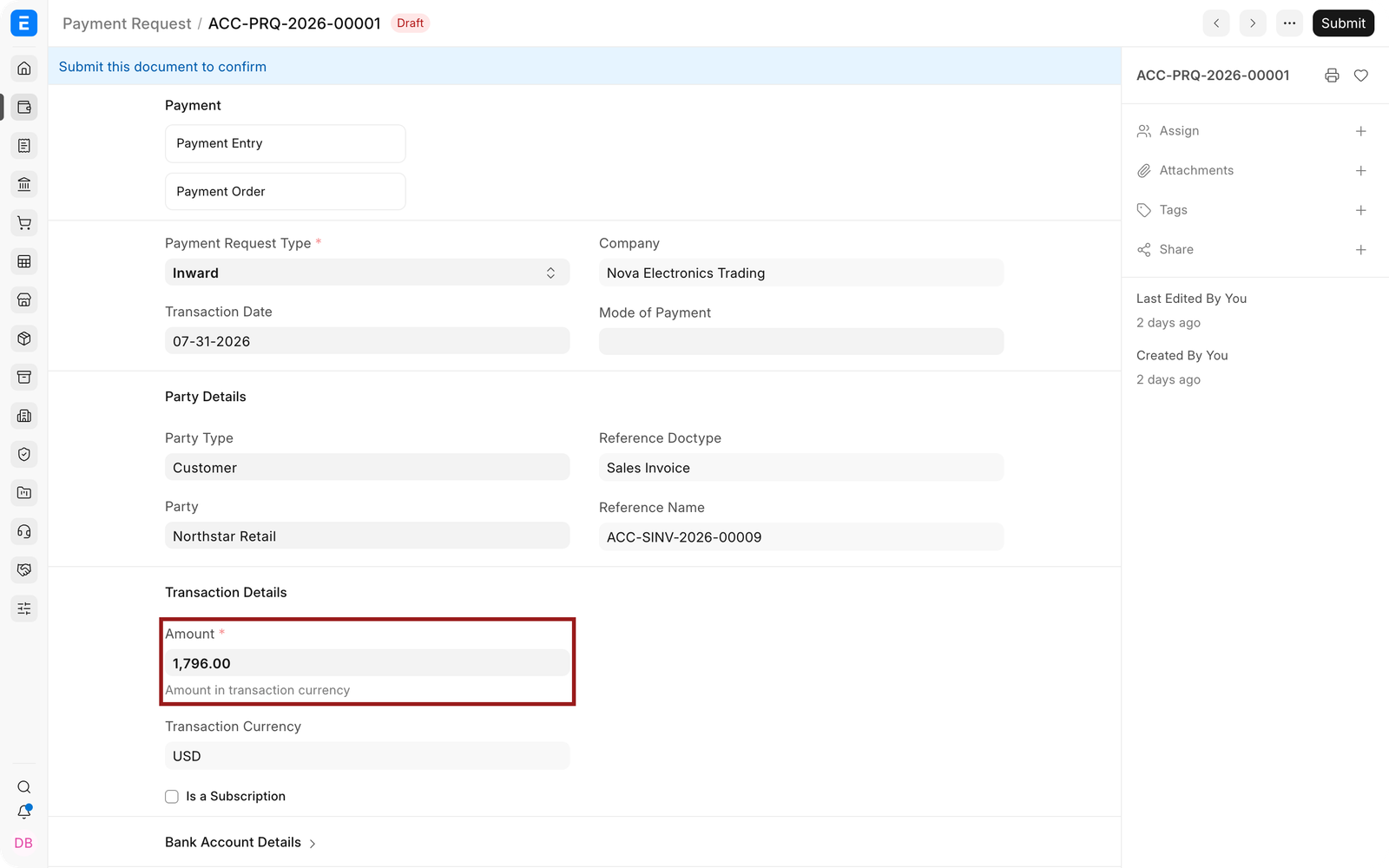 The amount requested from the Customer highlighted on the Payment Request.